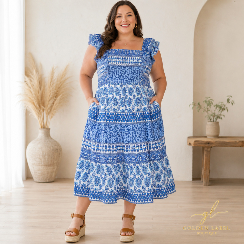 NWT Eliza J 20W Blue White Floral Smocked Midi Dress Sleeveless Pockets - Picture 2 of 8
